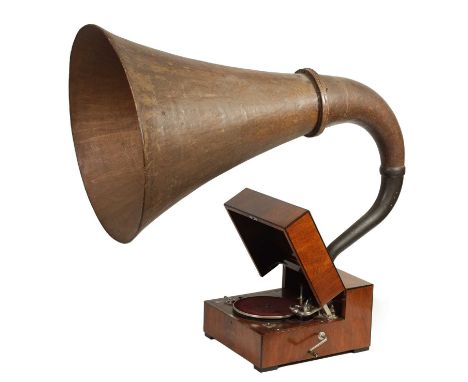 A RARE 1930’S OVERSIZED E.M.G. MARK XB GRAMOPHONE having a large quarter veneered walnut and ebony case with spring driven mo