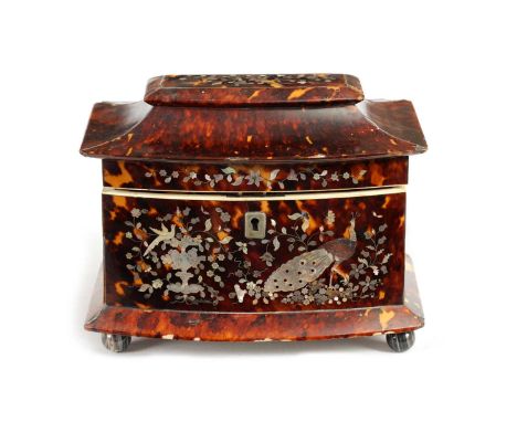 A 19TH CENTURY BOW-FRONTED TORTOISESHELL, IVORY AND MOTHER OF PEARL INLAID TEA CADDY with pagoda shaped moulded top revealing