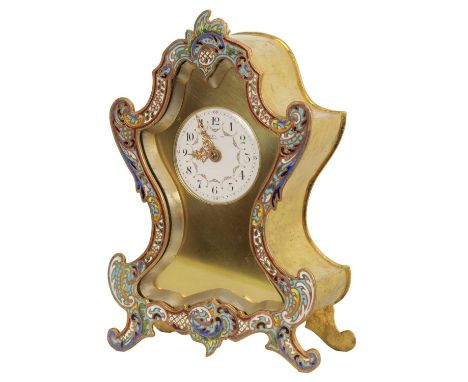 A LATE 19TH CENTURY FRENCH BRASS AND CHAMPLEVE ENAMEL MANTEL CLOCK the shaped case with champleve frame enclosing a brass mas