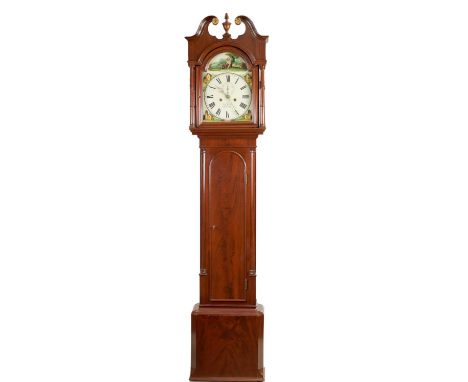 THOS. BROWN, CHESTER A LATE GEORGE III MAHOGANY 8-DAY LONGCASE CLOCK the 12" arched painted dial with country scene spandrels