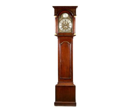 WILLIAM YEOMAN, GUISBOROUGH, AN EARLY 18TH CENTURY OAK 8-DAY BRASS DIAL LONGCASE CLOCK the 12" arched brass dial with silvere