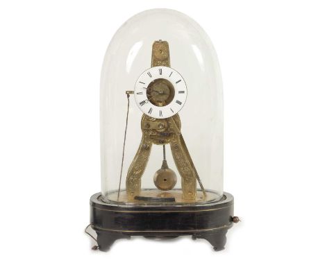 A 19TH CENTURY FRENCH ‘EXHIBITION’ STYLE MINIATURE SKELETON CLOCK WITH ALARM the finely engraved brass frame with eight-day s