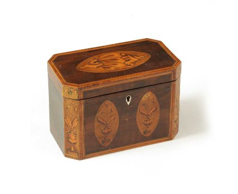A GOOD GEORGE III INLAID MAHOGANY RECTANGULAR DOUBLE TEA CADDY with clipped corners and hinged top revealing two lidded compa