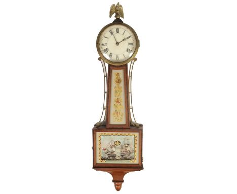 A 19TH CENTURY AMERICAN WIEGHT DRIVEN BANJO WALL CLOCK with bras eagle finial above a rosewood case with kingwood crossbandin