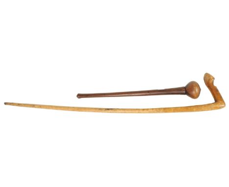 OF BOER WAR INTEREST, A LATE 19TH CENTURY CARVED WALKING STICK AND KNOBKERRY the walking stick with inverted horses hoof hand