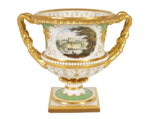 AN EARLY 19TH CENTURY FLIGHT BARR &amp; BARR, WORCESTER PORCELAIN TWO HANDLED URN SHAPED VASE the richly gilt feather-edge ri