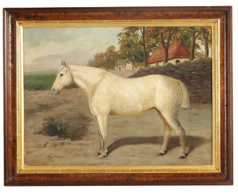 E.S. ENGLAND (Active 1890-1910) OIL ON CANVAS Standing portrait of a grey horse in a country cottage landscape. Signed. In bu