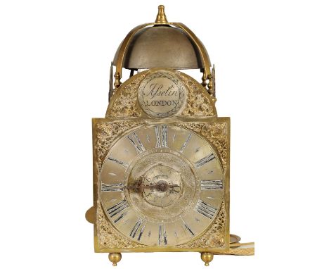 ASSELIN, LONDON. AN EARLY 18TH CENTURY WEIGHT DRIVEN BRASS LANTERN CLOCK the 7" arched brass dial with silvered chapter ring 