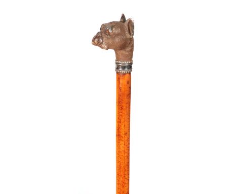 A FRENCH 19TH CENTURY CARVED BOXWOOD AND SILVER MOUNTED BULL DOG WALKING STICK set with amber glass eyes, one of the ears hav