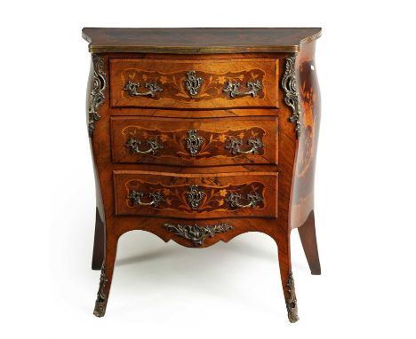 A 19TH CENTURY FRENCH ROSEWOOD, MARQUETRY AND ORMOLU MOUNTED COMMODE with serpentine shaped front above three drawers fitted 