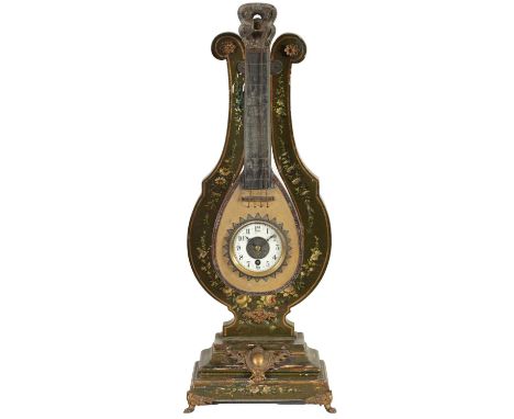 A RARE LATE 19TH CENTURY FRENCH SWINGING MYSTERY CLOCK OF LARGE SIZE the ormolu mounted green lacquer lyre shaped stand with 