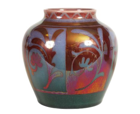 WILLIAM S. MYCOCK. A PILKINGTONS ROYAL LANCASTRIAN CRIMSON LUSTRE WARE VASE of bulbous form with stylised floral panels, impr