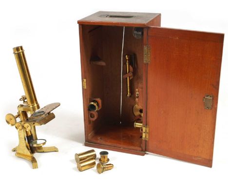H.J. STEWARD, LONDON. A LATE 19TH CENTURY MONOCULAR MICROSCOPE with various lenses and accessories in mahogany boxBox measure