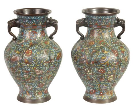 A PAIR OF 18TH/19TH CENTURY CHINESE CLOISONNÉ ENAMEL BALUSTER VASES with shaped panelled bodies and flared necks fitted mythi