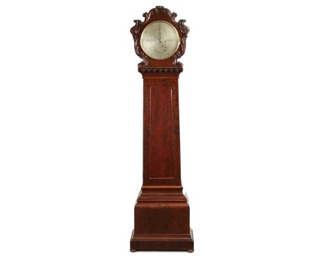 JOHN STODDART LONDON AN EARLY 19TH CENTURY SILVERED DIAL FLAMED MAHOGANY REGULATOR LONGCASE CLOCK the leaf carved hood above 