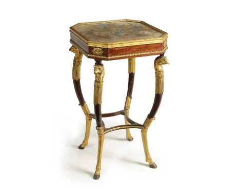 A STYLISH REGENCY GILTWOOD AND ROSEWOOD WORK TABLE the silk embroidered floral top above a leaf carved moulded freize and fit