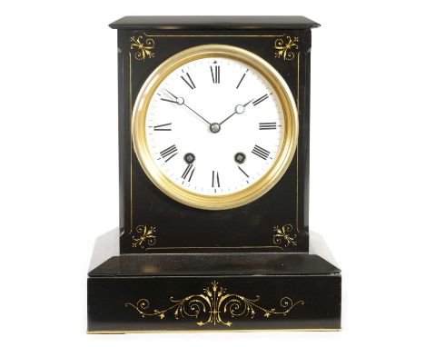 A LATE 19TH CENTURY QUARTER CHIMING BLACK SLATE MARBLE MANTEL CLOCK the rectangular case with moulded edges and gilt engraved