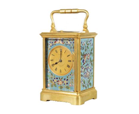 A LATE 19TH CENTURY FRENCH GILT BRASS AND CLOISONNE ENAMEL REPEATING CARRIGE CLOCK the corniche case enclosing enamel panels 