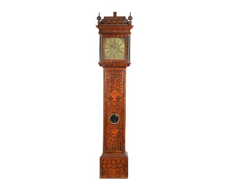 RICHARD COLSTON, LONDON, A WILLIAM AND MARY MONTH GOING WALNUT AND MARQUETRY LONGCASE CLOCK the caddy top hood with blind fre