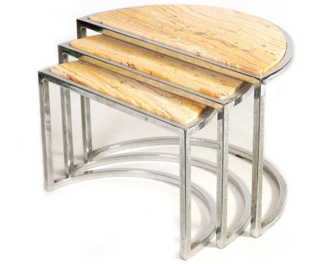A GRADUATED SET OF THREE 20TH CENTURY VINTAGE CHROME AND MARBLE TABLES of demi lune shape with inset Sienna marble tops64cm w