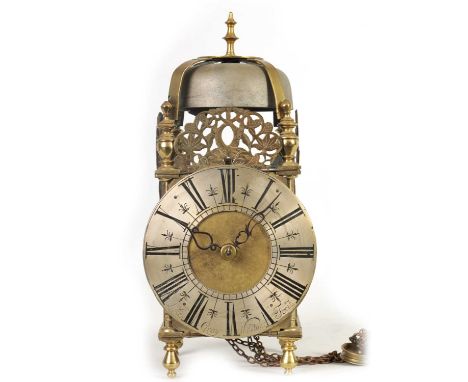 LUKE GRAY SHASTONE FECIT. AN EARLY 18TH CENTURY BRASS 30HR LANTERN CLOCK the silvered chapter ring with Roman numerals and ha