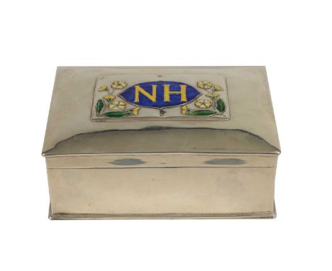 A STYLISH ARTS AND CRAFTS SILVER AND ENAMEL RECTANGULAR BOX the plain body with fine gadroon-edged cast foot rim, the cushion