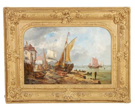 JAMES W. CALLOW. (fl. 1850-1860) 19TH CENTURY OIL ON CANVAS. Whitby Harbour scene with cottages, moored fishing boats and fis