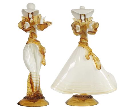TWO VINTAGE COLOURED MURANO GLASS SCULPTURES of female dancers on amber bases40 and 39cm high 