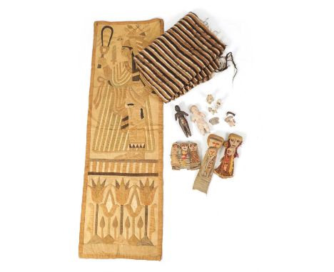 A MIXED LOT OF PERUVIAN DOLLS AND CARVED FIGURES together a tapestry panel of a standing figuredolls 24cm high and smaller 