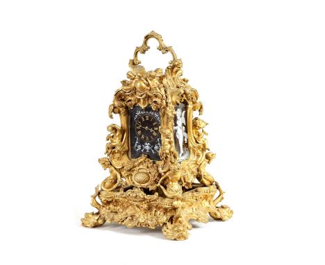 A FINE AND RARE MID 19TH CENTURY FRENCH GILT BRASS AND SEVRES STYLE LIMOGES ENAMEL PANELLED ROCOCO REPEATING CARRIAGE CLOCK w