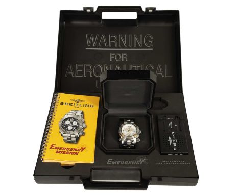 BREITLING EMERGENCY. A STAINLESS STEEL QUARTZ CALENDAR WRISTWATCH WITH MICRO ANTENNAE FOR AVIATION EMERGENCY on the original 