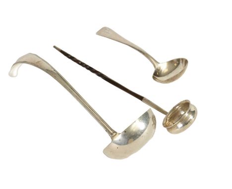 A WILLIAM IV SILVER SAUCE LADLE of plain Old English pattern with monogrammed handle. London 1836. A DUTCH SILVER SOUP LADLE 