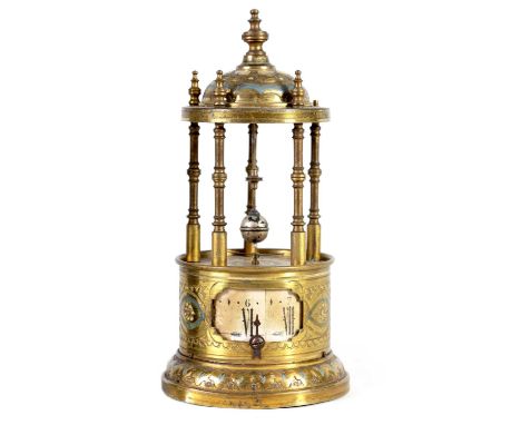 A 20TH-CENTURY BRASS AND ENAMEL PAINTED BANDSTAND MYSTERY DESK CLOCK the domed enamelled top with turned finial supported by 