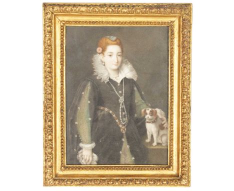 A FRAMED 19TH CENTURY MINIATURE ON IVORY standing half-length portrait of a young lady with dog dressed in an Elizabethan cos