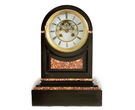 A 19TH CENTURY BLACK SLATE AND PINK MARBLE PANELLED MANTEL CLOCK with visible escapement fronting an eight-day spring driven 