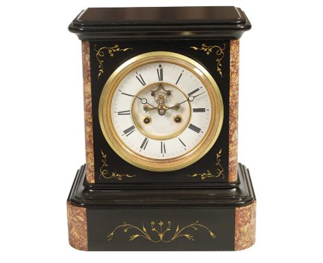 A LATE 19TH CENTURY FRENCH BLACK SLATE AND MARBLE MANTEL CLOCK the moulded case with marble corners and gilt engraved decorat