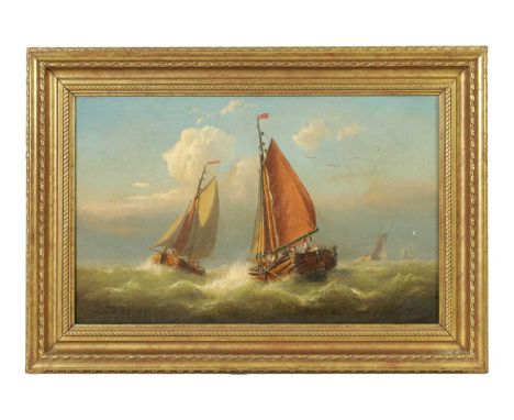 A 19TH CENTURY ENGLISH SCHOOL SEASCAPE depicting fisher boats on a rough sea - unsigned, gilt moulded frame34cm high 54cm wid