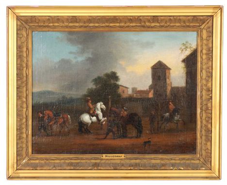 MANNER OF PHILIPS WOUWERMAN (1619-1668) OIL ON CANVAS. A hunting party on horseback - unsigned and in gilt moulded frame31cm 