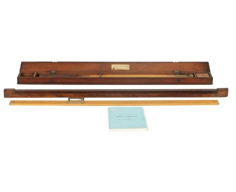 A LARGE MAHOGANY CASED SET OF BRASS AND HARDWOOD DIVIDERS marble weight and rule enclosing a calibrated 36-inch brass scale r