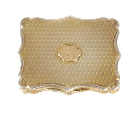 AN EARLY VICTORIAN SILVER GILT VINAIGRETTE BY NATHANIEL MILLS of shaped rectangular form with engine-turned decoration and ra