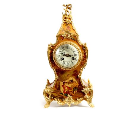 CHENEAU, DIJON. A LATE 19TH CENTURY FRENCH VERNIS MARTIN MANTEL CLOCK The ormolu mounted gilt case with country farming scene