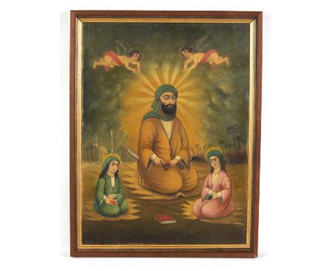 A LATE 19TH CENTURY QAJAR OIL ON CANVAS PORTRAIT OF IMAM ALI AND HIS SONS - unsigned, mounted in a walnut frame.80cm high 60c
