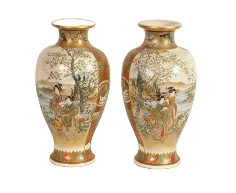 A LARGE PAIR OF MEIJI PERIOD JAPANESE SATSUMA VASES BY KIZAN each finely decorated with two large panels depicting elegant la