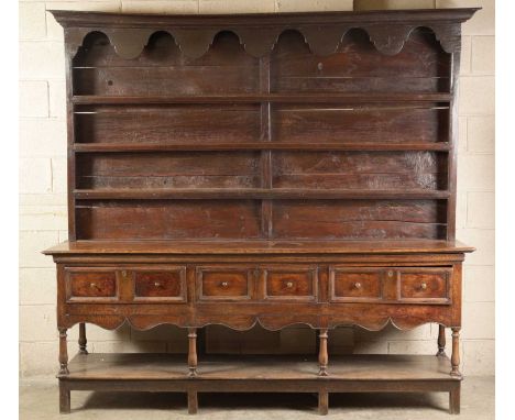 AN IMPRESSIVE LATE 17TH/EARLY 18TH CENTURY MONMOUTHSHIRE JOINED OAK DRESSER AND RACK OF GENEROUS PROPORTIONS the boarded pot 