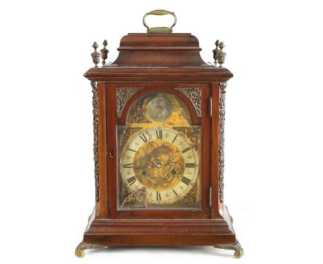 SIMPSON WIGTON LONDON. A 19TH CENTURY MAHOGANY BELL TOP BRACKET CLOCK the 7.5" arched brass dial with maskhead spandrels and 