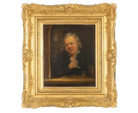 A 19TH CENTURY OIL ON WOOD PANEL. Portrait of a gentleman seated at a bar, signed and dated 1847 - in gilt swept frame23cm hi