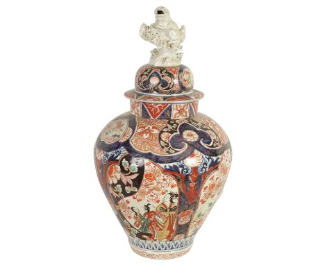 A 19TH CENTURY JAPANESE LARGE INVERTED BALUSTER VASE AND COVER with colourful panelled floral and flower head decoration encl