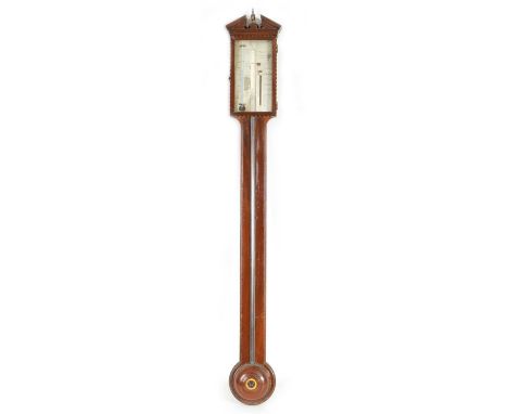 P. GAROF &amp; CO, EDINBURGH. A GEORGE III STRING INLAID AND MAHOGANY DOOR STICK BAROMETER with architectural pediment above 