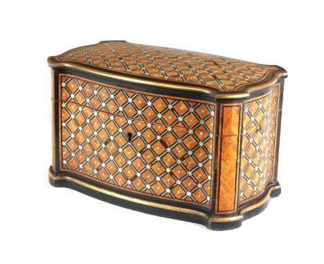 TAHAN, PARIS. A FINE 19TH CENTURY KINGWOOD AND MOTHER OF PEARL PARQUETRY EBONY BANDED AND BRASS BOUND SERPENTINE TEA CADDY th