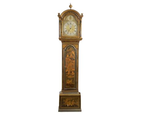 JOSEPH ROSE &amp; SON LONDON. A GEORGE III GREEN LACQUER CHINOISERIE DECORATED EIGHT-DAY LONGCASE CLOCK the 12" arched brass 